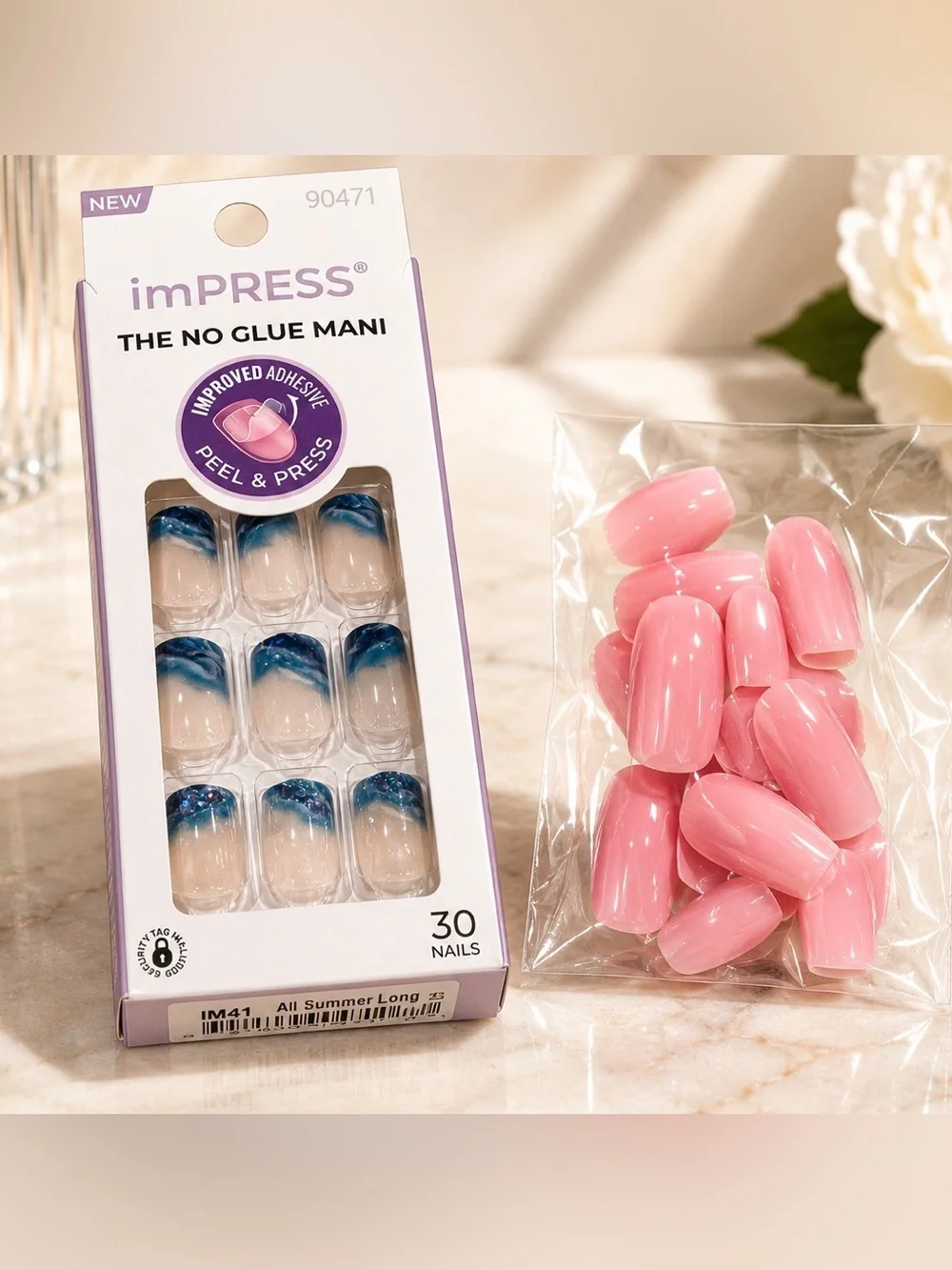 imPRESS Women Makeup Press-On Nails - Blue Ombre Tips & Pink Full-Cover Nails